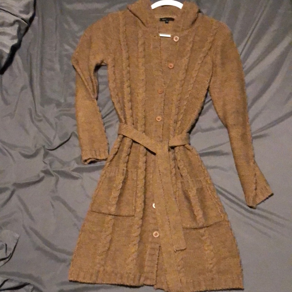Hooded & Belted Cable Knit Sweater